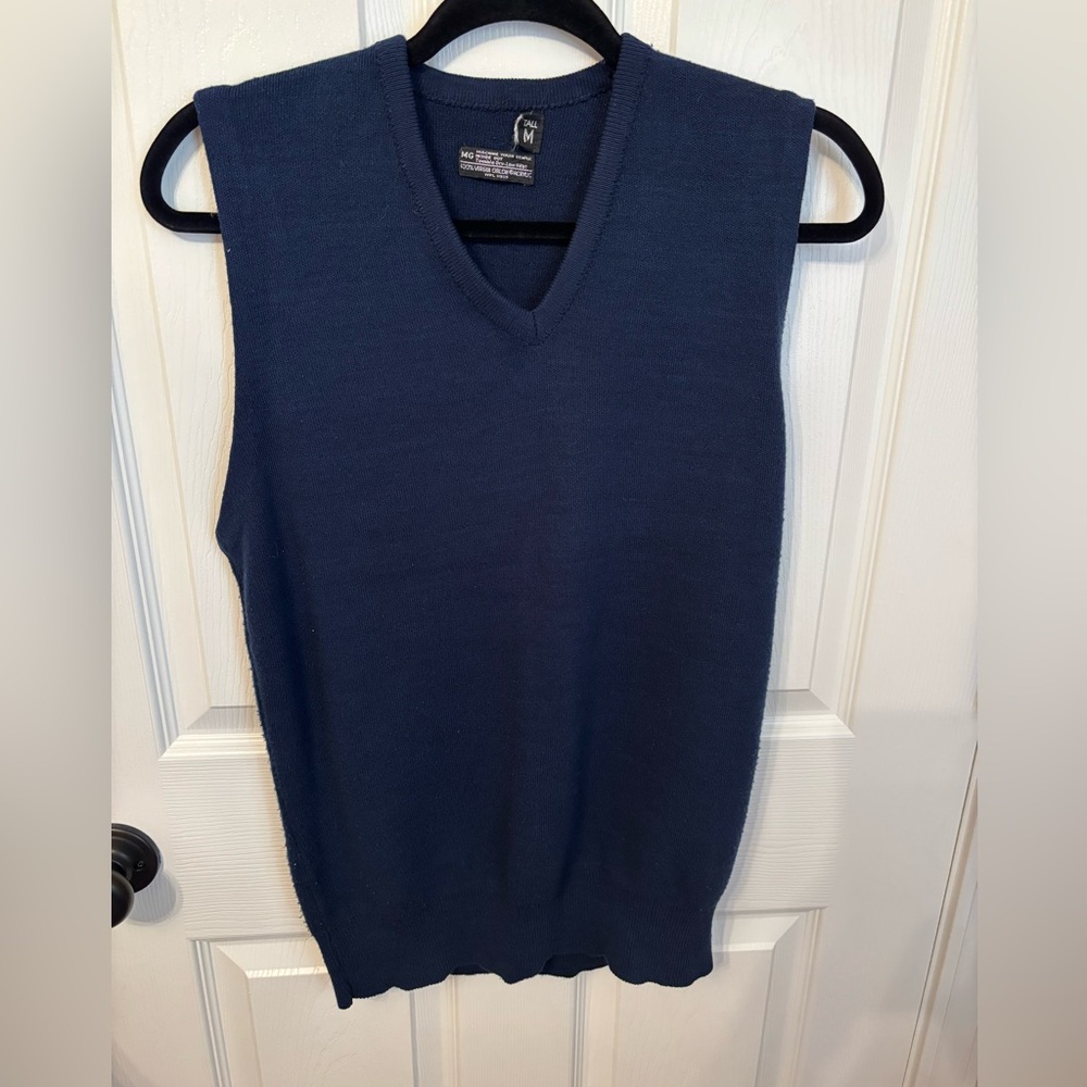 Vintage Navy Blue V-Neck Sweater Vest Men’s Medium Tall Acrylic Preppy Class